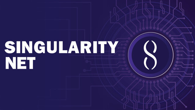 Singularity Net coin logo with crypto currency vector banner design illustration background. crypto currency theme technology background with circuit board, Singularity Net coin symbol and typography