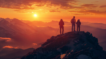 Group of people on peak mountain climbing helping team work , travel trekking success business concept. Young asian couple climbing up on the mountain and team work concept, Sunset background.