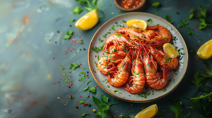 Top view of fresh shrimp on plain background, shrimp recepie food photography