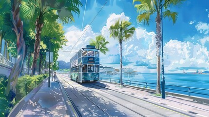 Illustrate a double-decker bus traveling along a waterfront promenade, with the sea breeze and scenic view adding to the passenger experience