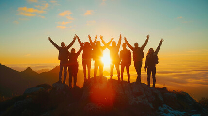 Group of people on peak mountain climbing helping team work , travel trekking success business concept. Young asian couple climbing up on the mountain and team work concept, Sunset background.