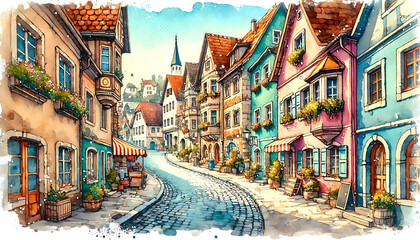 Charming European Village Watercolor