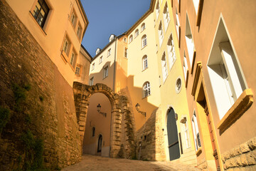 Low-angle view of old houses in Luxembourg on a sunny day