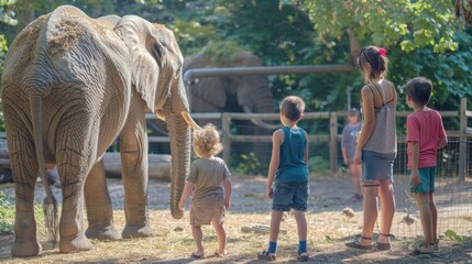Fototapeta premium A group of children are standing in front of an elephant at a zoo