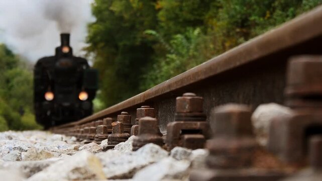 Approaching Steam Locomotive on a Rustic Railway Track, Providing a CloseUp View