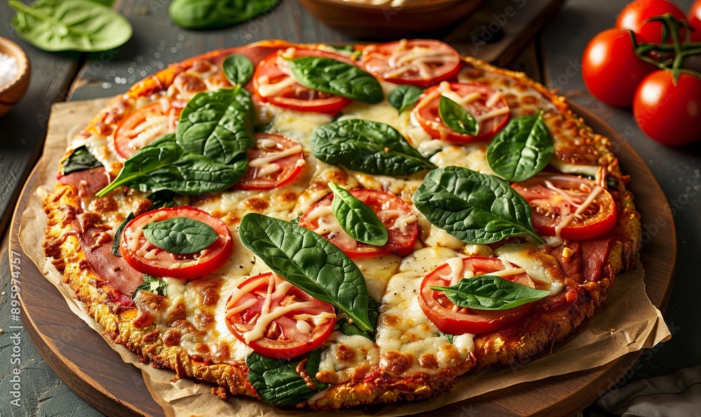 Wall mural Cauliflower crust pizza topped with spinach, tomatoes, and vegan mozzarella