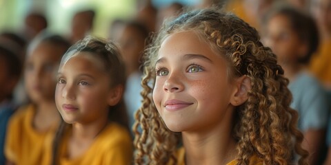 Children attentively listening to a guest speaker during a school assembly, highlighting community involvement in education