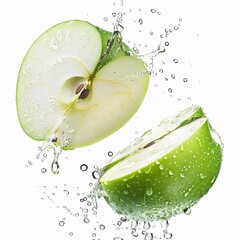 Crisp apple halves with water droplets mid-air, showcasing the fresh green and white interior on a white background, high resolution, isolated
