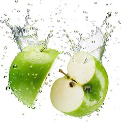 Crisp apple halves with water droplets mid-air, showcasing the fresh green and white interior on a white background, high resolution, isolated