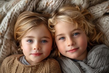Two young children with blue eyes lie closely under snug, knitted blankets, exuding a warm sense of comfort, safety, and sibling togetherness in a homey setting.