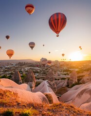 **Reisen und Inspiration, Hei&szlig;luftballons in der T&uuml;rkei, die bei Sonnenaufgang am Himmel fliegen**