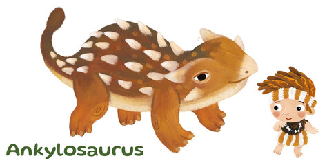 caveman human cartoon happy and funny colorful prehistoric dinosaur dino ankylosaurus isolated illustration with child pointing on animal