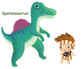 caveman human cartoon happy and funny colorful prehistoric dinosaur dino spinosaurus isolated illustration with child pointing on animal