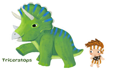 caveman human cartoon happy and funny colorful prehistoric dinosaur dino triceratops isolated illustration with child pointing on animal
