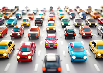 Traffic jam of colorful cartoon cars.