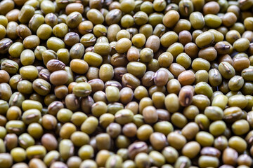 closeup of many green mung bean seeds