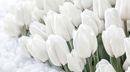Close-up image of white and pink flowers with delicate petals, artfully arranged on a smooth white surface. The light catches the flowers, highlighting their intricate details