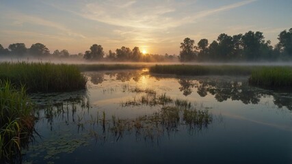 Fototapeta premium sunrise over lake fog over a sunrise swamp sky reflecting on a small rural creek fog over pond.