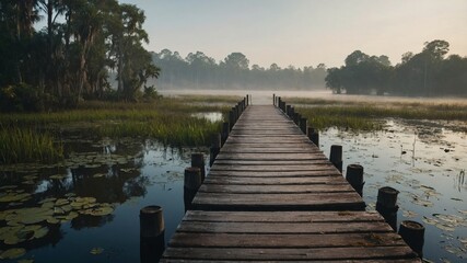 wood pier path over a swamp landscape misty and foggy early morning large The Royal Victoria water lily.