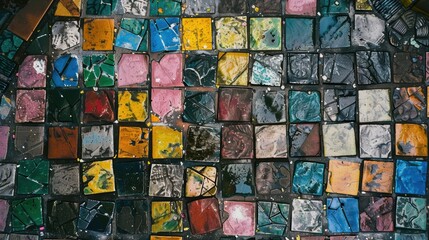 Abstract pattern on a wall created by an assortment of colorful square tiles