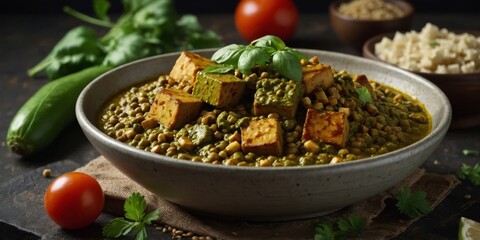 Healthy vegetarian food background Vegetables, pesto and lentil curry with tofu.