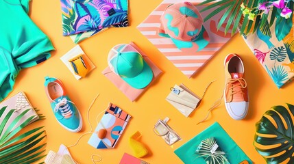 Hats Men's shoes and canvas prints all over the t-shirt.