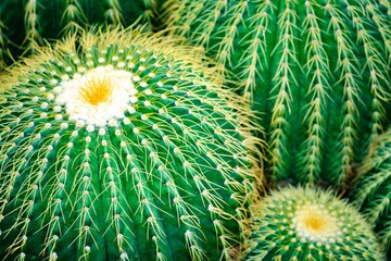 A green cactus with yellow flowers sits on a green background. Concept of warmth and natural beauty