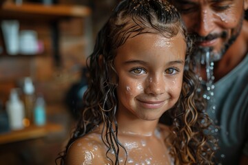 Happy young girl with wet hair smiling during a hair care session, exuding joy and a sense of trust and comfort, with a blurred figure providing care in the background.