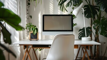 Minimalist home office setup with plant accent in bright and peaceful workspace