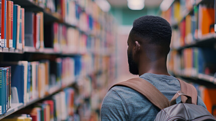 Young man exploring library shelves for study materials