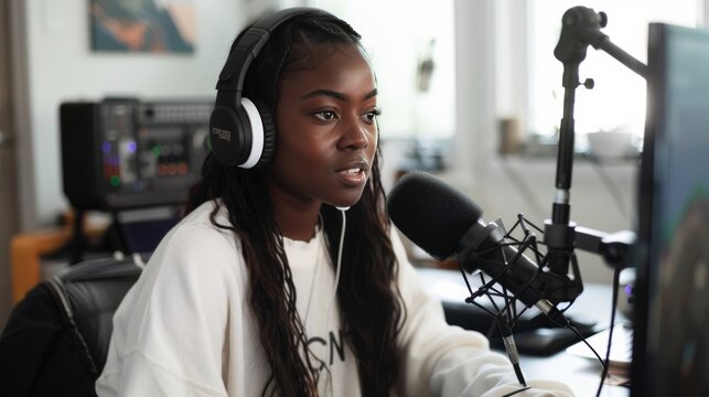 Young black woman speaking into microphone while recording podcast from home studio.
