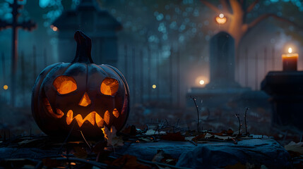 Jack O' Lantern in Spooky Woodland Churchyard. Halloween background.