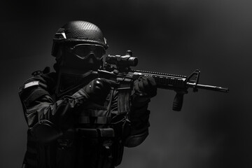 A black and white photo of a tactical soldier holding a rifle, wearing full combat gear and helmet, in a dramatic low-light setting