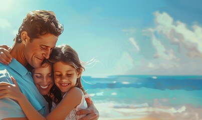 Happy family embracing each other on a sunny beach vacation