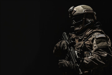A heavily armored soldier in tactical gear holding an assault rifle, standing against a dark background in a combat-ready stance.

