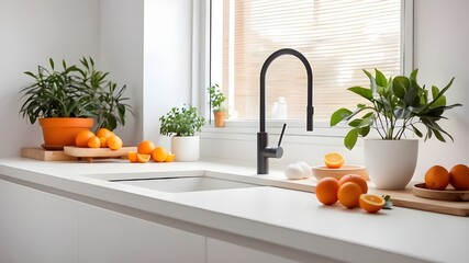 Interior elements of a modern, minimalistic white kitchen. Elegant white quartz countertop with oranges and a potted plant,a kitchen sink witha water tap