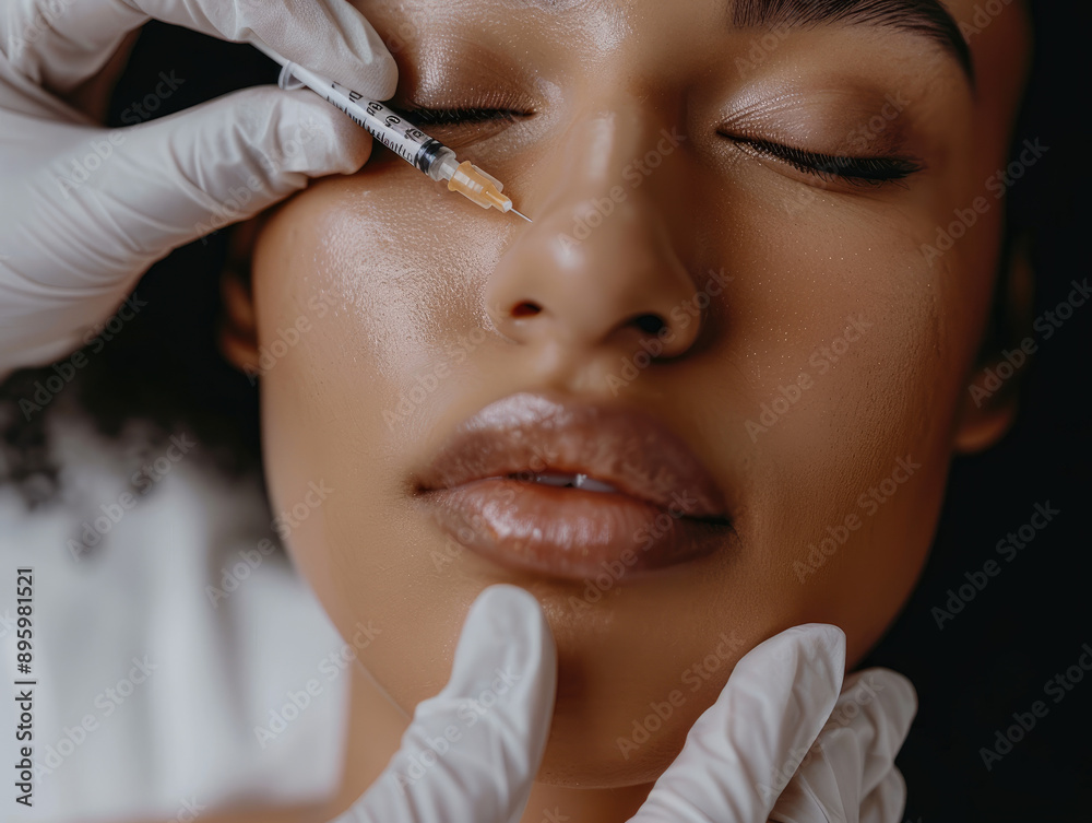 Poster A close-up shot of the face and lips, showing an attractive woman getting her upper lip infused with hyaluronic acid by an aesthetician wearing white gloves. 