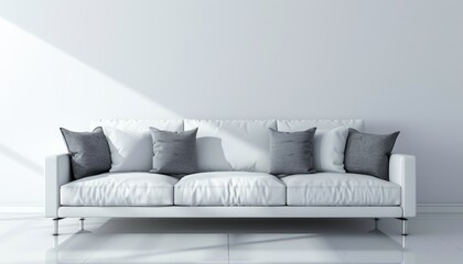 Minimalist White Sofa with Gray Decorative Pillows, Background with Copy Space