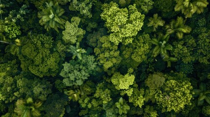 Naklejka premium Bird's eye view of the lush green canopy of a tropical rainforest, showcasing the dense foliage and diverse ecosystem