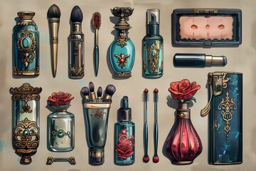 Elegant Vintage Makeup Collection with Ornate Designs