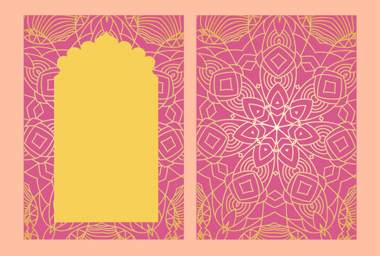 Indian yellow rose window in Mughal style, template with mandala style patterns vector oriental frame, space for text card, wedding invitation