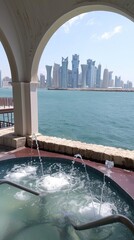 Fototapeta premium a cityscape of modern skyscrapers, seen through a stone archway with a view of the waterfront and a fountain in the foreground