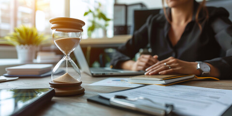 Business woman keeping track of time using an hourglass while working