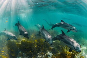 Naklejka premium A group of vaquitas swimming gracefully through clear, sunlit waters with marine plants in the background