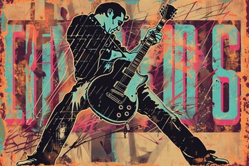 A poster with a 1950s rock guitarist in vibrant, retro colors