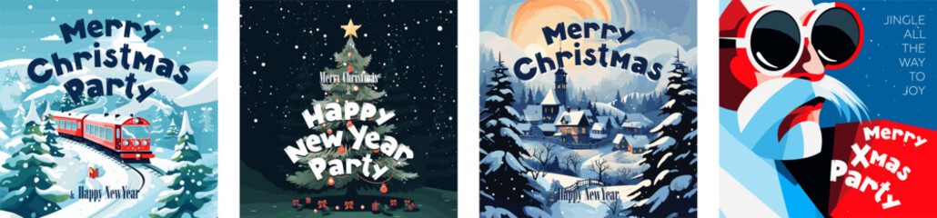 Merry Christmas and Happy New Year square banner set. Joyful holiday Xmas eve celebration flyer. Polar express bring gifts to winter town. Decorated Christmas tree and Santa Claus eps greeting card