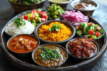 Platter with assorted traditional dishes, Food background