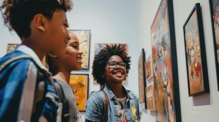 Obraz premium Three children are looking at a painting in an art museum