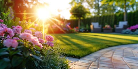 Obraz premium Golden Hour Garden Serenity: A brick path winds through a vibrant summer garden bathed in the warm glow of sunset.