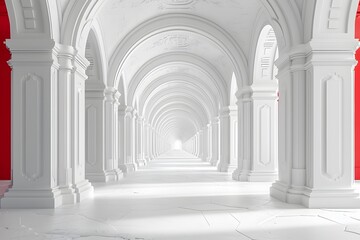 Naklejka premium Ornate White Archway Corridor with Red Accents Architectural Design, Historical Landmark, Interior Spaces